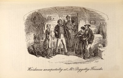 Charles Dickens（1812-70）の「David Copperfield」より、「Peggotty氏の暖炉のそばに突然到着」 作： Hablot Knight Browne